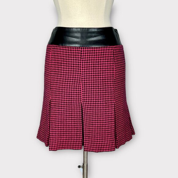 Carlisle Womens Houndstooth Box Pleat Skirt Pink Black Wool Faux Leather size 8 - Picture 1 of 9